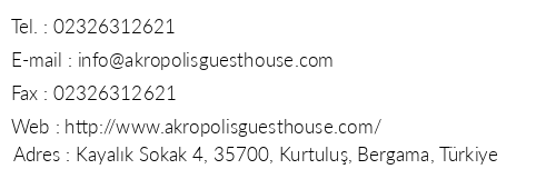 Akropolis Guest House telefon numaralar, faks, e-mail, posta adresi ve iletiim bilgileri